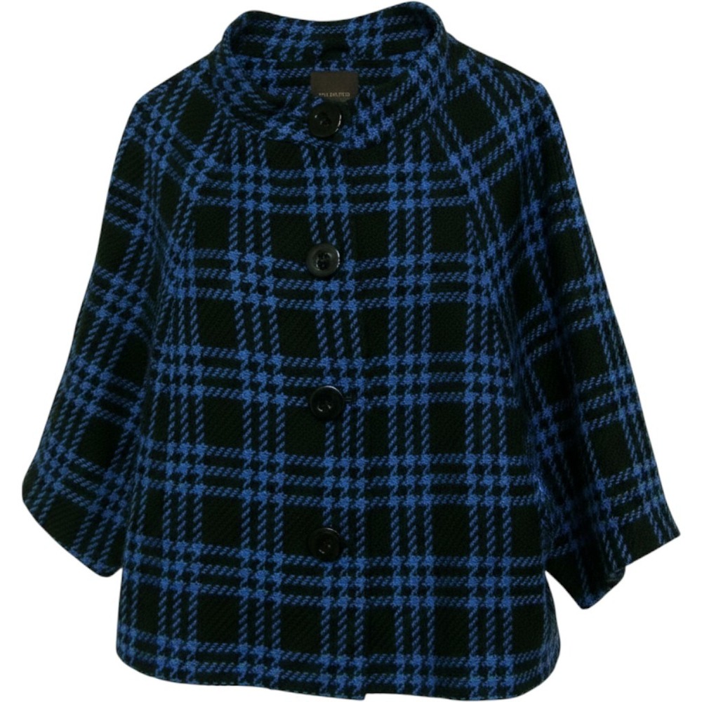 The Limited Blue Black Plaid Mock Neck Button Front Capelet Jacket Medium